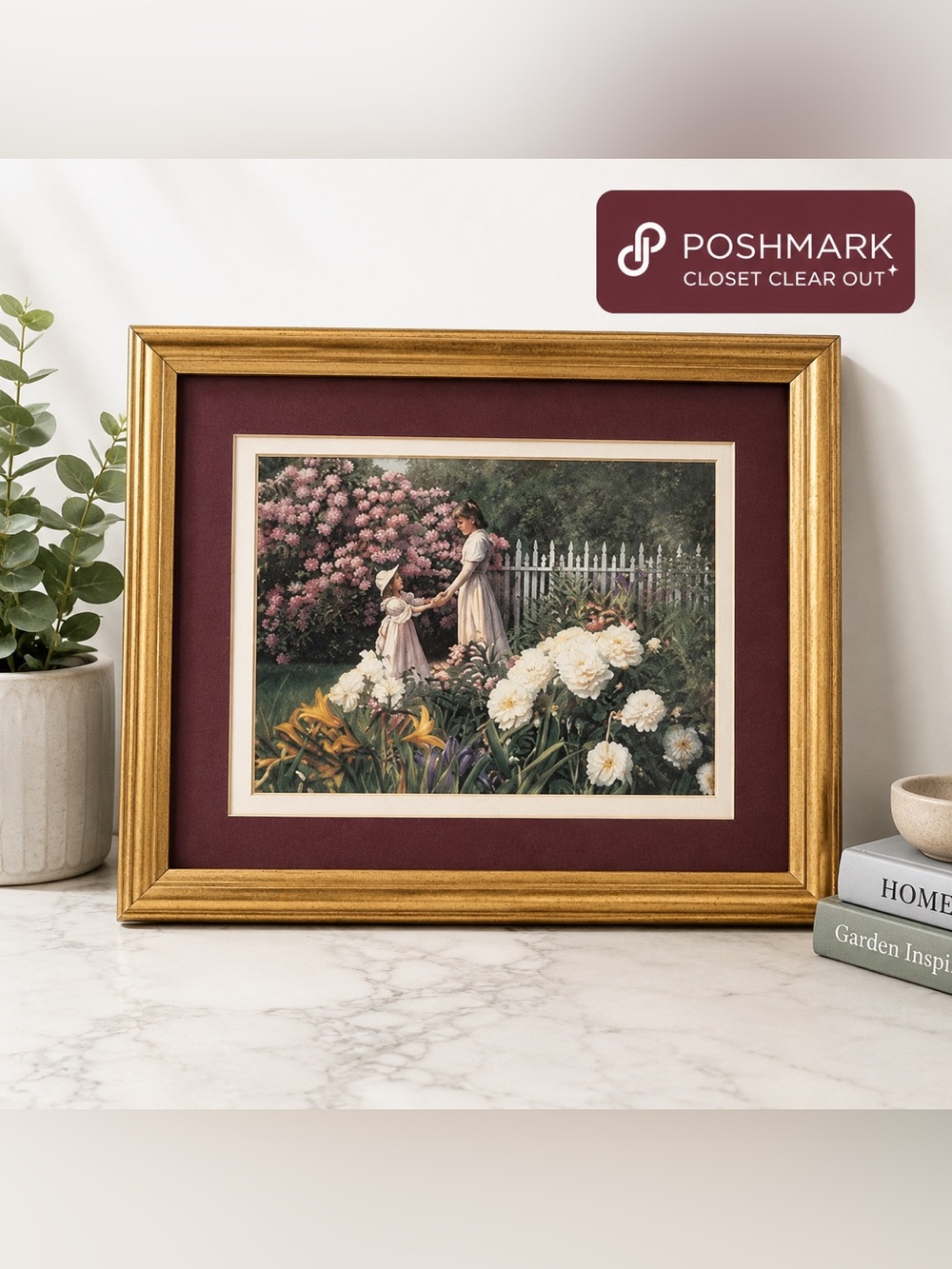 Vintage Framed Cottage Garden Prints Set of 2 Girls Floral Art Gold Frame